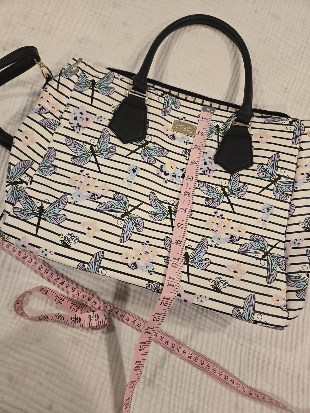 Betsey Johnson Butterfly Floral Stripe Tote with Black Trim - Picture 7 of 9